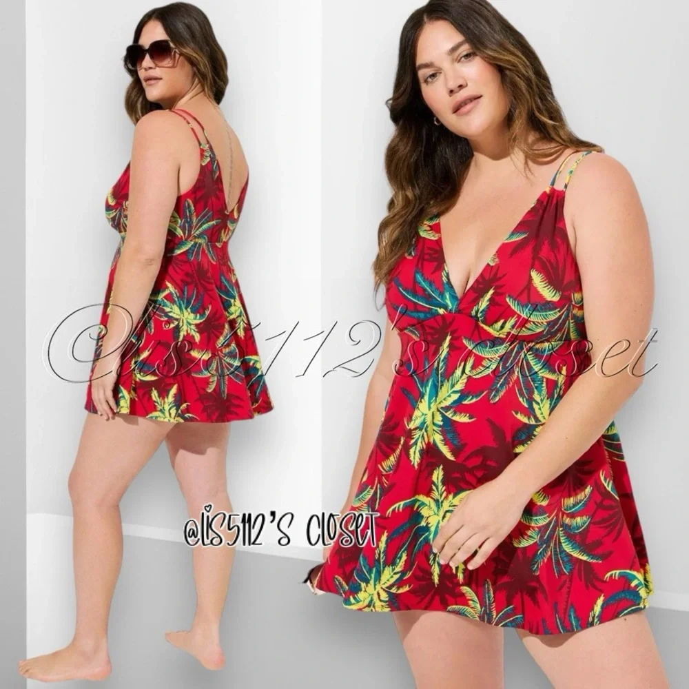 Torrid Red Tropical Shadow Retro Wireless Plunge Swim Dress Swimsuit 1X 14 16 - Picture 2 of 14